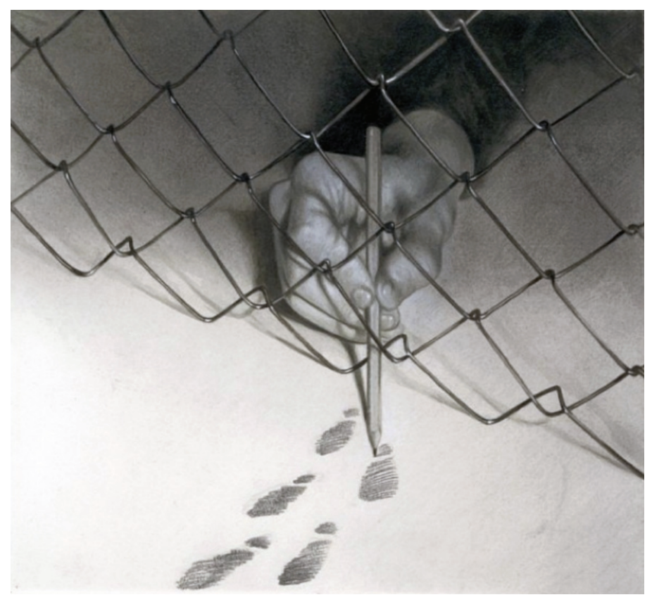 Image stimulus: a hand reaching through a chain-link fence holding a pencil that draws footprints on the ground